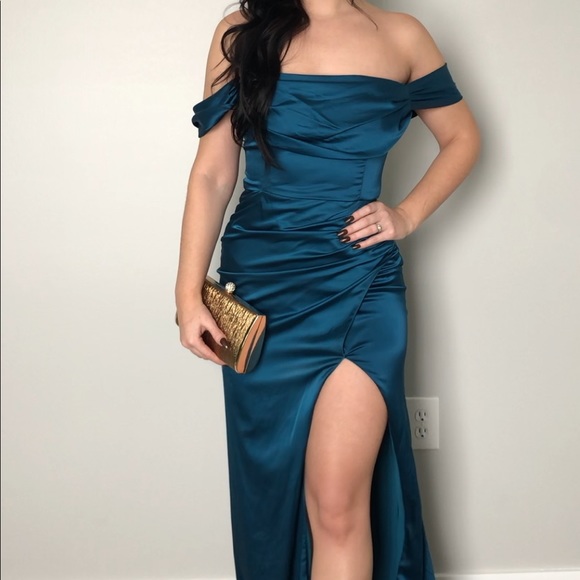 teal satin gown - Picture 2 of 13